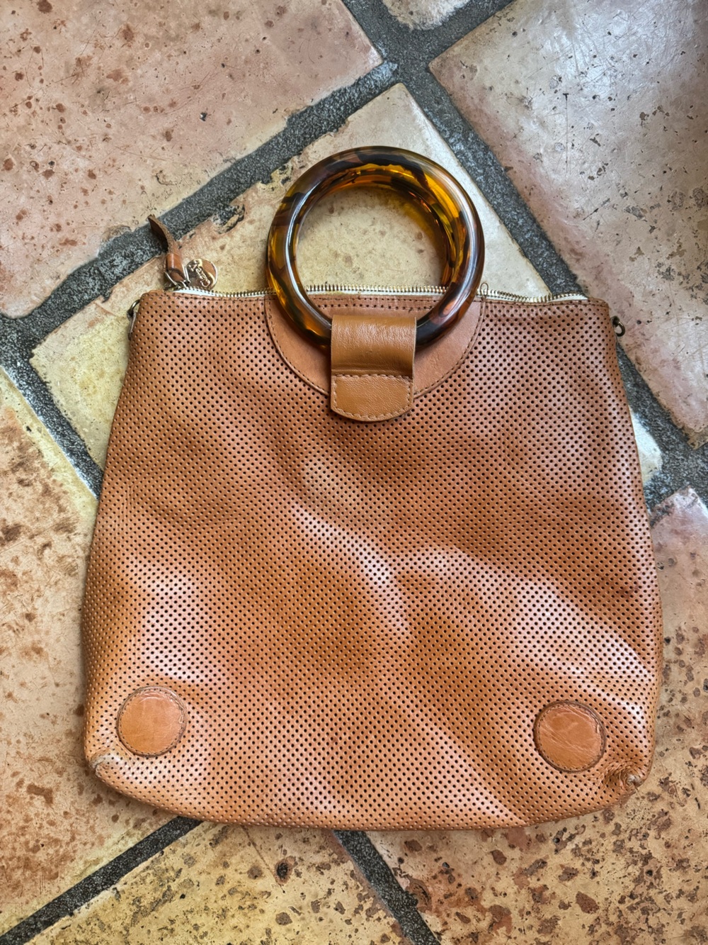 Clare V Perforated Leather Bag with Tortoiseshell Ring Handles - Tan